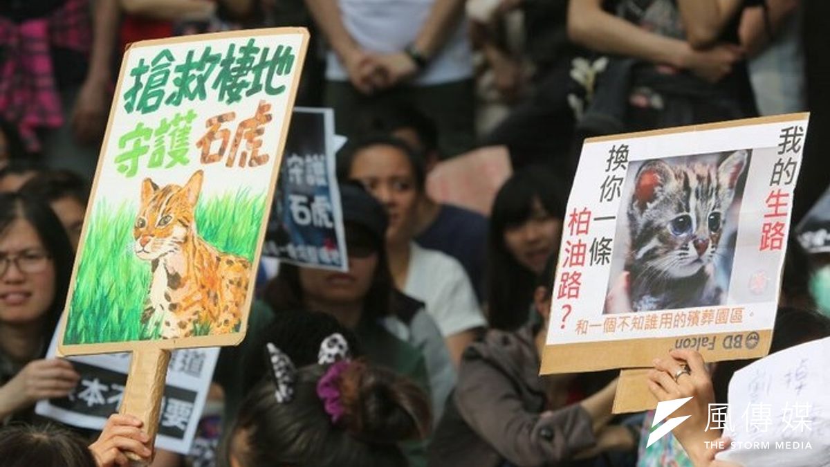 環保署環評大會16日審查13線三義外環道,主張保護石虎反對開發的民眾前往環保署外抗議。(余志偉攝) 環保署環評大會16日審查13線三義外環道,主張保護石虎反對開發的民眾前往環保署外抗議。(余志偉攝)