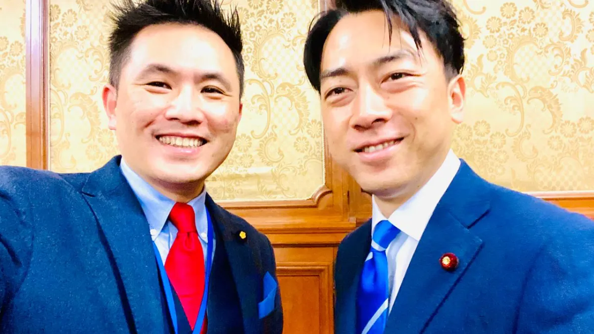 國民黨立委陳以信(左)14日赴日本東京訪問,會晤朝野主要政黨參眾議員推動國會外交。圖右為日本衆議院議員小泉進次郎(自由民主黨)。(陳以信提供)