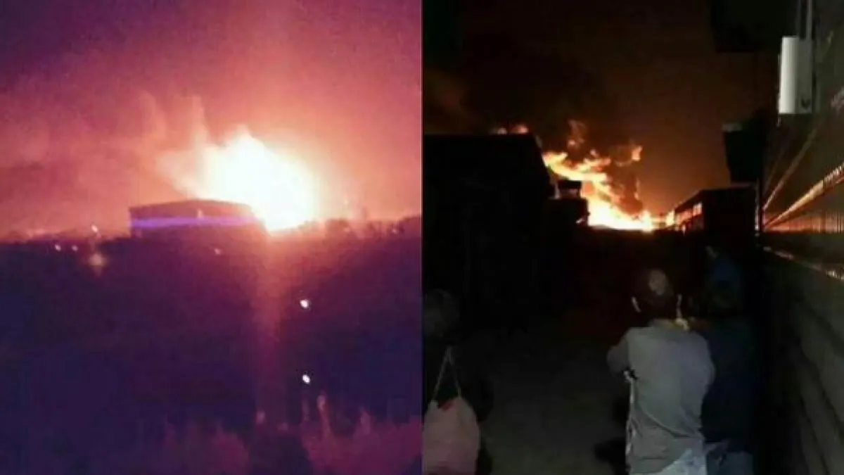 中國天津市13日凌晨再度發生大爆炸,火勢驚人。(取自推特)