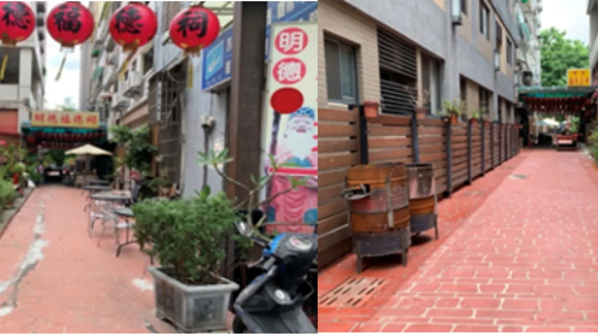 台中市北區太原四街17巷污水接管後鋪面美化前中後示意圖。(圖/台中市政府)