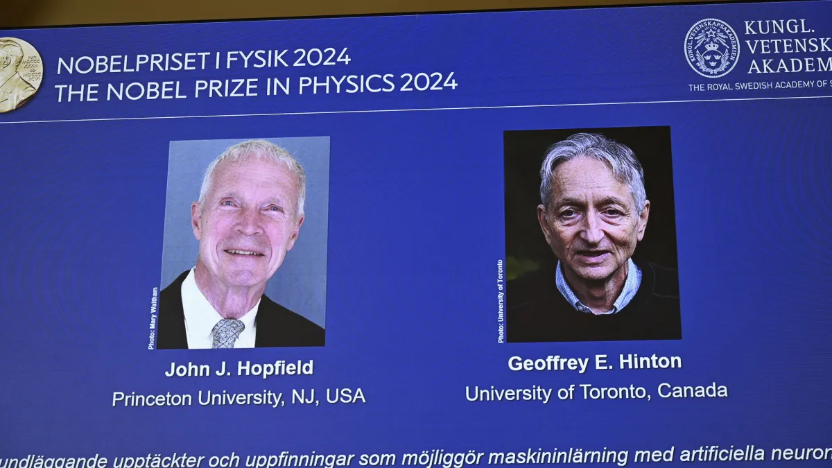 2024年諾貝爾物理學獎由美國科學家霍普菲爾德(John J. Hopfield)及加拿大科學家辛頓(Geoffrey E. Hinton)共享殊榮。(美聯社)