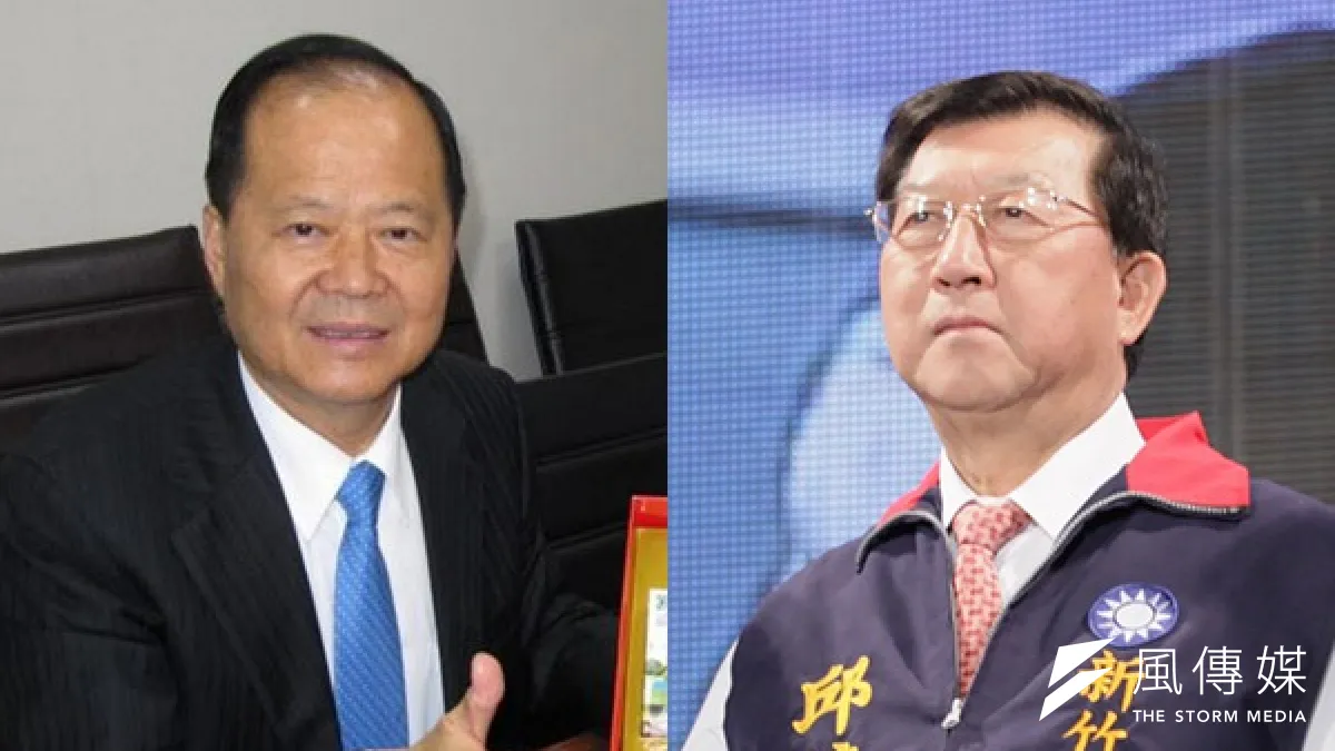 2014年年底的新竹縣長選戰,國民黨派出現任縣長邱鏡淳(右)掛帥,但先前也是國民黨籍縣長鄭永金也宣布回鍋參選縣長,泛藍竹縣出現分裂危機。(取自中評社)