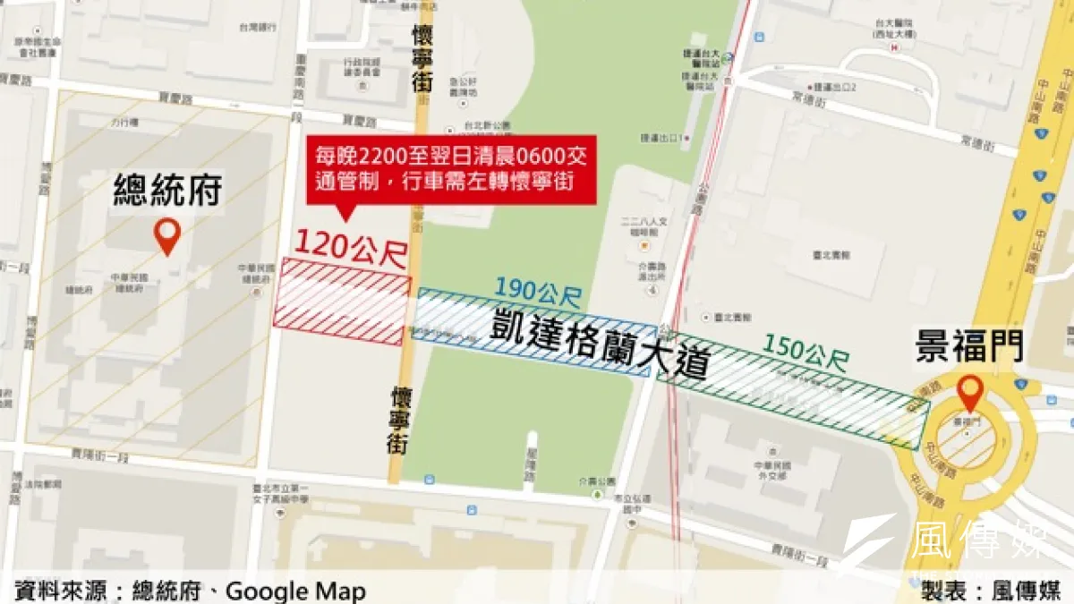 為防止聯結車衝撞總統府事件再度發生,總統府決定實施擴大週邊交通管制範圍。(風傳媒)