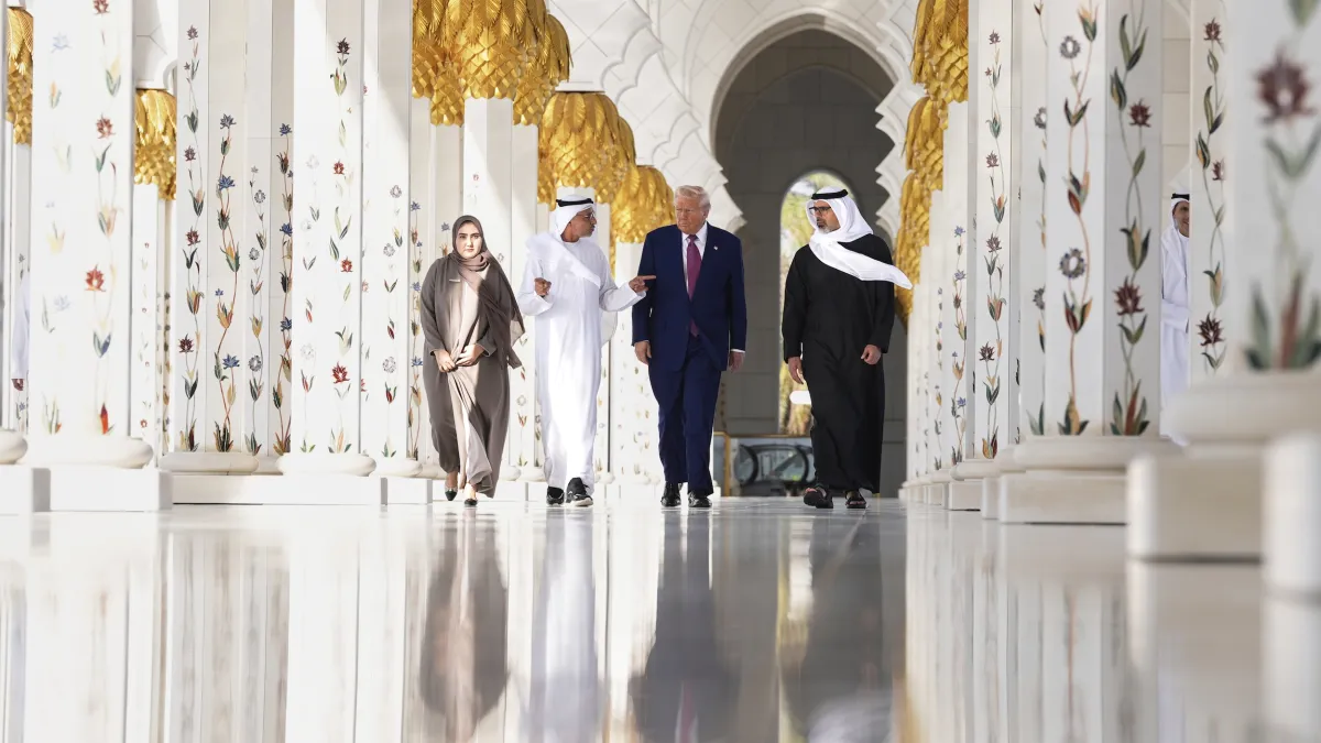 On May 15, 2025, U.S. President Donald Trump and Abu Dhabi Crown Prince Sheikh Khaled visit the Sheikh Zayed Grand Mosque in Abu Dhabi, United Arab Emirates. (AP)