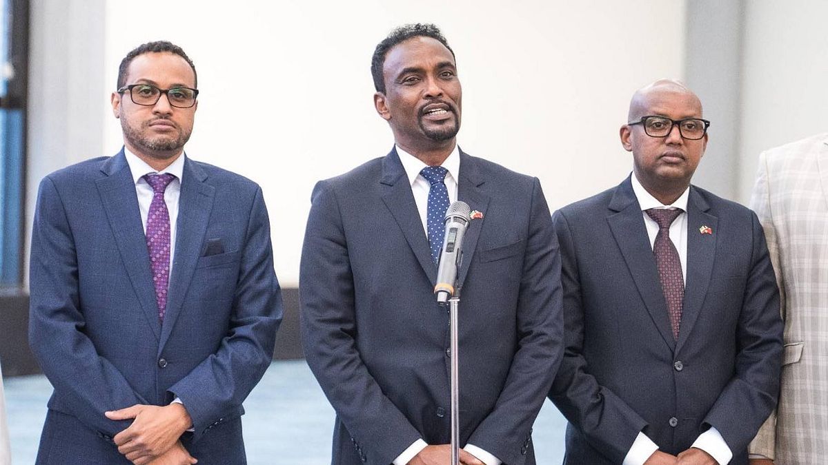 索馬利蘭外交暨國際合作部長巴卡曼(中)發表談話,強調台灣是索馬利蘭的重要合作夥伴。(外交部提供) 索馬利蘭外交暨國際合作部長巴卡曼(中)發表談話,強調台灣是索馬利蘭的重要合作夥伴。(外交部提供)