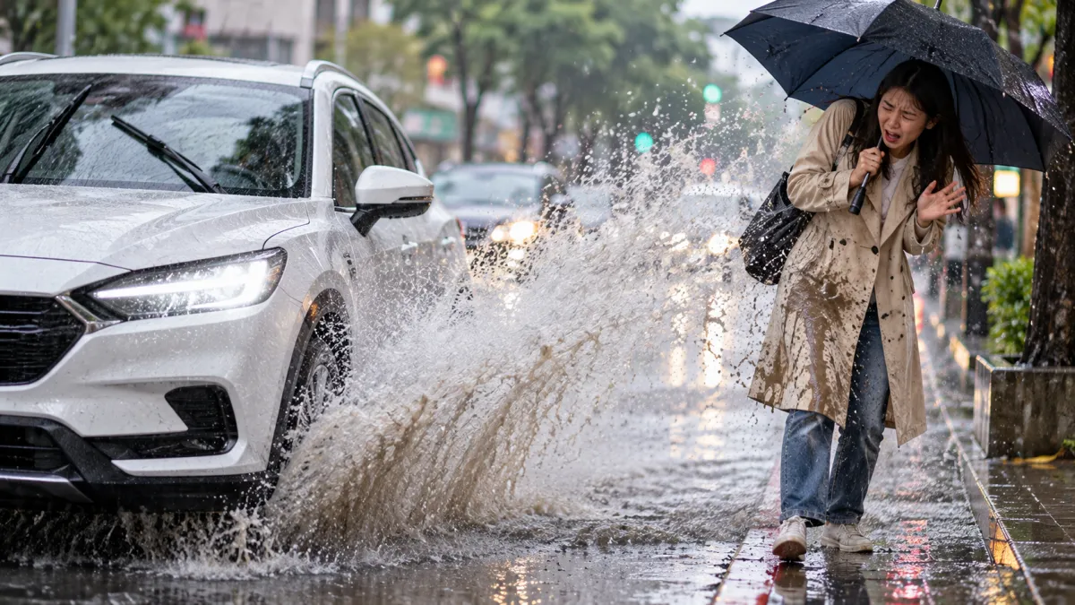 下雨天開車經過積水路段,輪胎濺起的水花不小心潑濕路人,竟然可能吃上罰單!(示意圖/AI生成)