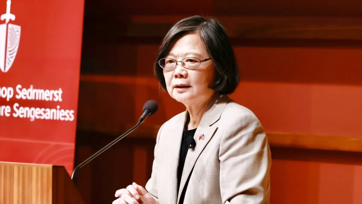 前總統蔡英文8日出席「Stanford DEFCON 2026科技與國家安全」研討會,並發表演說。(中央社)