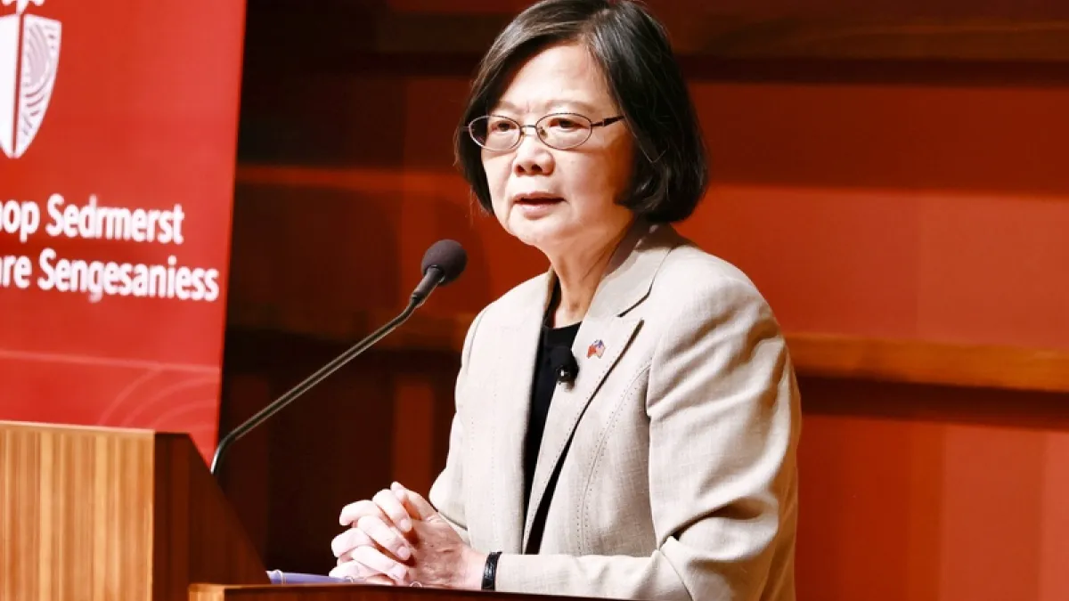 前總統蔡英文8日出席「Stanford DEFCON 2026科技與國家安全研討會」,以「共同構建安全:台灣在全球穩定中的角色」為題發表演說。(中央社)