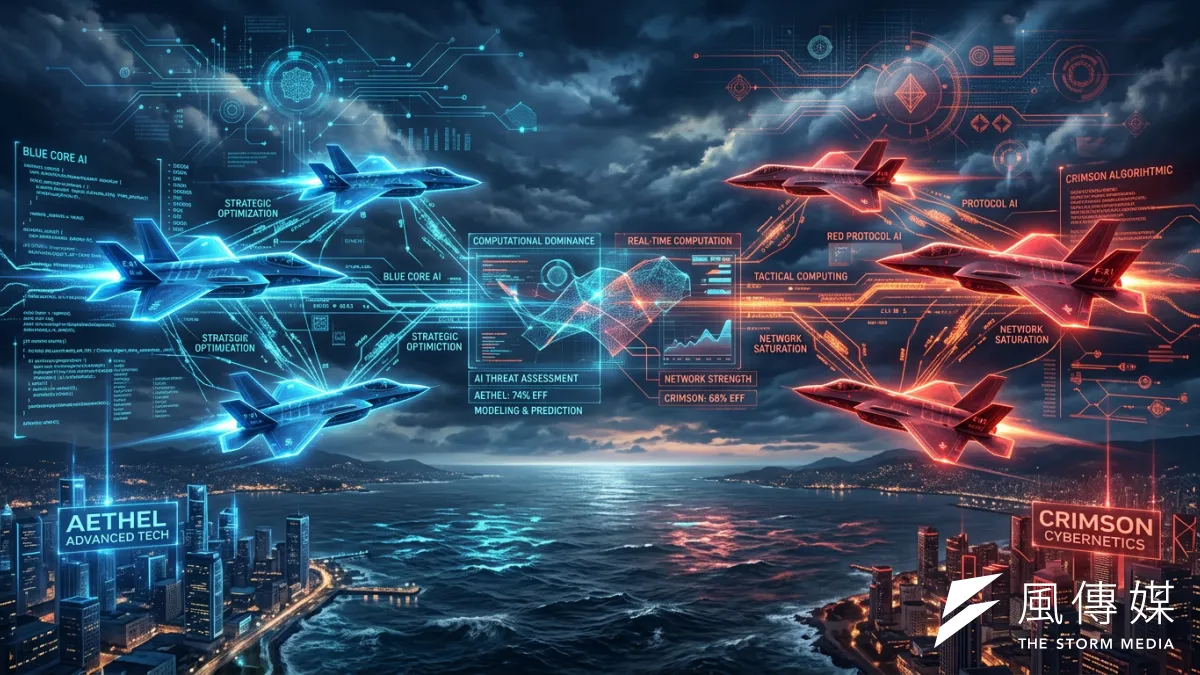 在台灣海峽上空軍事競備的AI算力競爭。(AI生成照片)