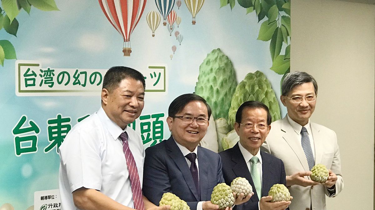 李建通(左起)、劉櫂豪、謝長廷與洪忠修於東京舉辦記者會推廣台東釋迦。(圖/劉櫂豪競選辦公室) 李建通(左起)、劉櫂豪、謝長廷與洪忠修於東京舉辦記者會推廣台東釋迦。(圖/劉櫂豪競選辦公室)