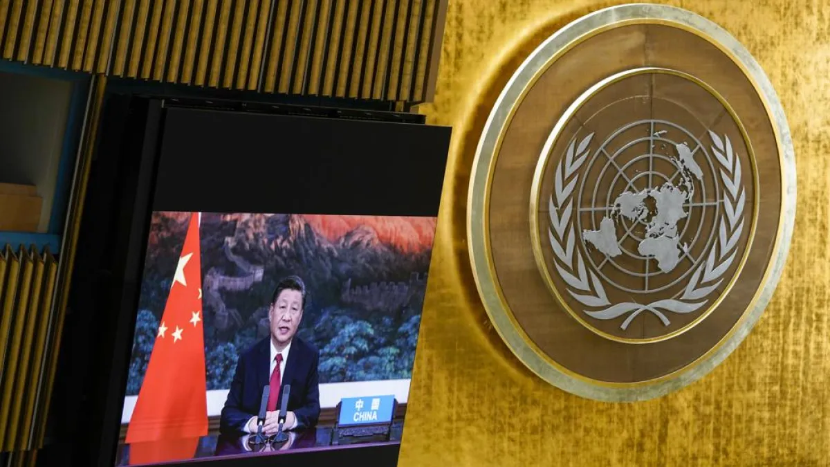 中國國家主席習近平在紐約聯合國發表的影片聲明中表示,中國將在2035年前努力將全國經濟範圍內的溫室氣體排放量減少7至10%,並「力爭做得更好」。。(AP)