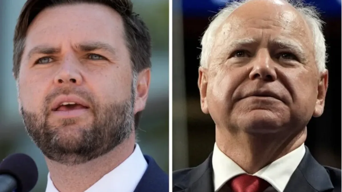 右:美國民主黨副總統候選人華茲(Tim Walz),左:美國共和黨副總統候選人范斯(J.D. Vance)。(美聯社)