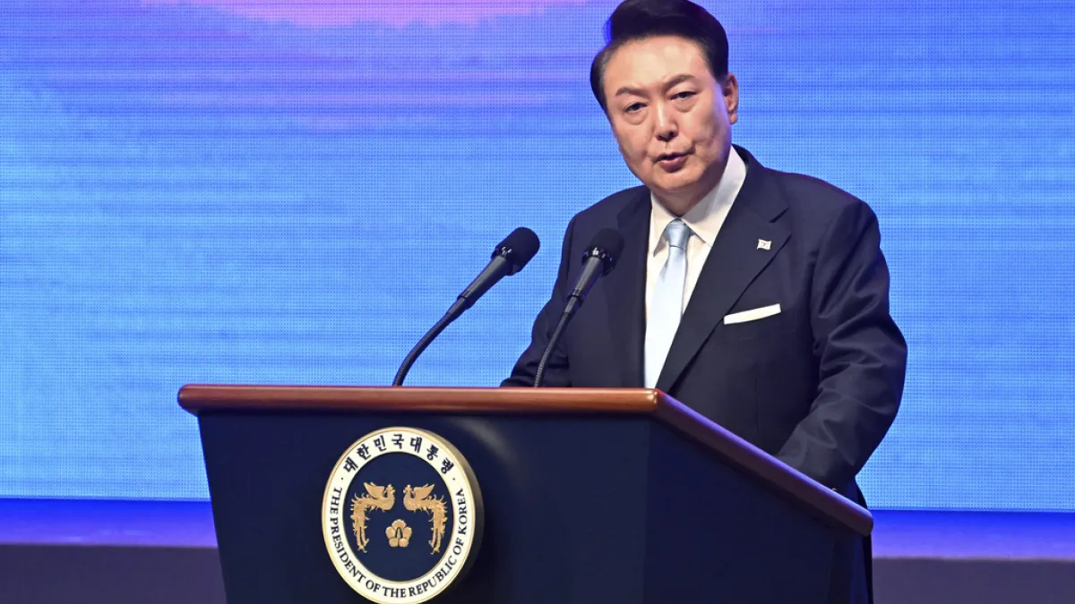 南韓總統尹錫悅2024年8月15日在光復節慶祝儀式發表演說。(AP)
