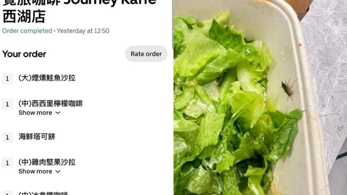 一名女網友在網路上發文控訴在「覺旅咖啡」點的沙拉中發現一隻活生生的蟑螂。(圖/翻攝自Threads)