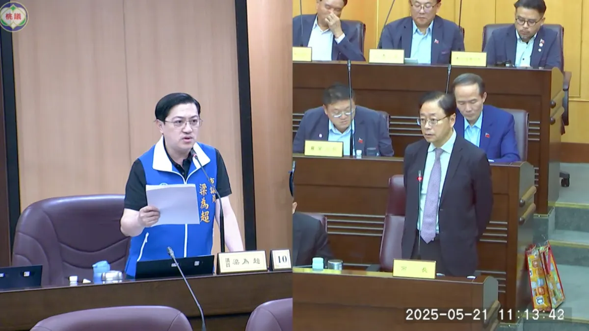 國民黨議員梁為超質詢桃園市張善政。(圖/翻攝自桃園市議會)