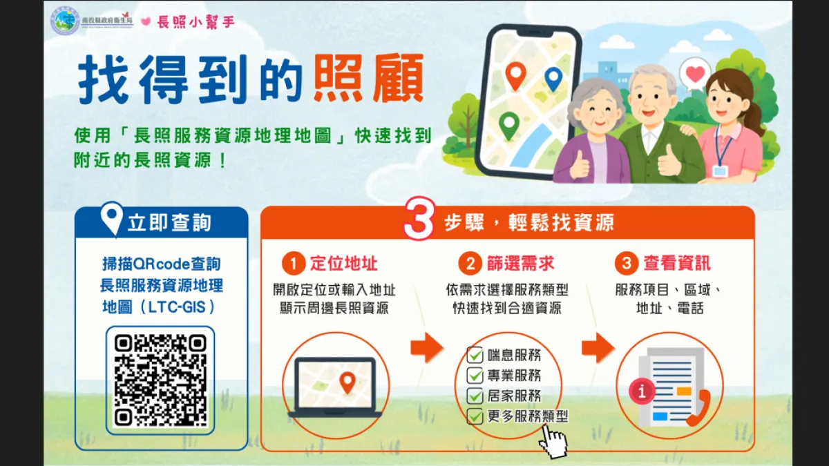 民眾進入「長照服務資源地理地圖」後,只需開啟定位功能或輸入住家地址,系統便會顯示周邊長照服務資源。(圖/南投縣政府)
