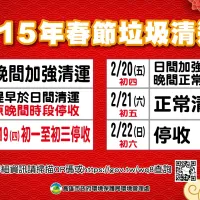115年春節垃圾清運時間表。(圖/取自高雄市政府環保局官網) 115年春節垃圾清運時間表。(圖/取自高雄市政府環保局官網)
