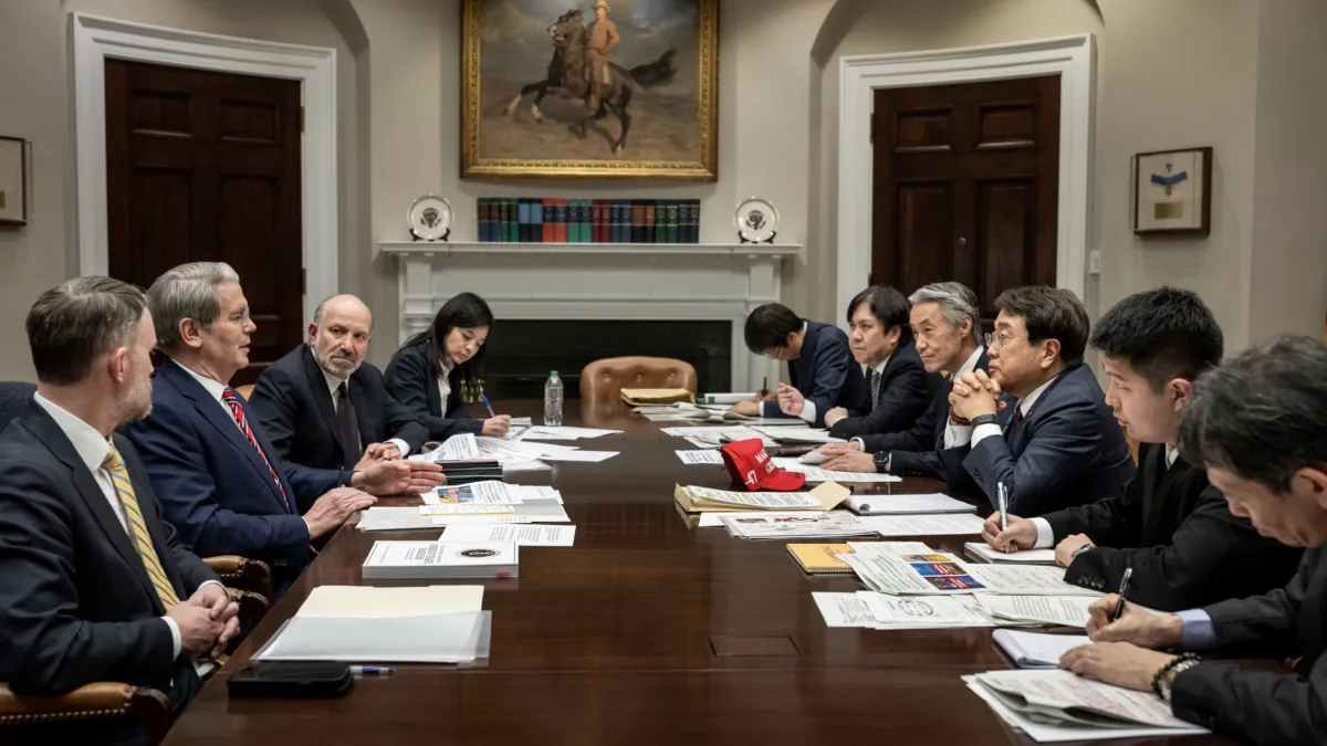 日本經濟再生大臣赤澤亮正與美國財政部長貝森特、商務部長盧特尼克、貿易代表葛里爾進行貿易談判。(日本內閣官房網站)