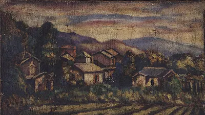 圖為畫家李梅樹作品〈寧靜的村落〉。(取自Wikimedia Commons)