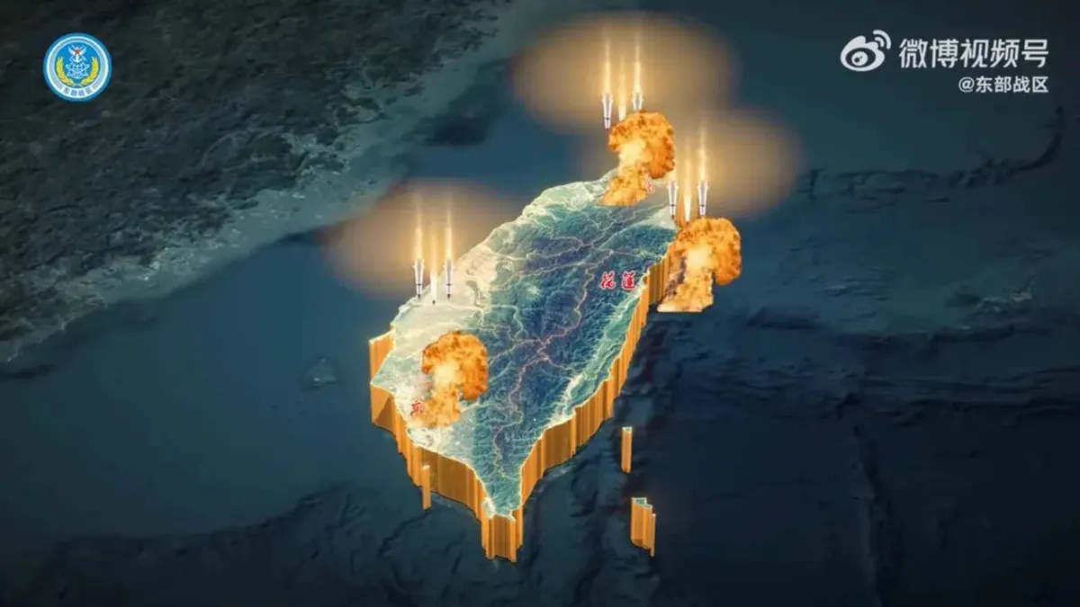 中国人民解放軍東部戦区がかつて公開した3Dシミュレーション動画。台湾に対する「重点攻撃」の可能な標的を示している。(東部戦区微博から転載)