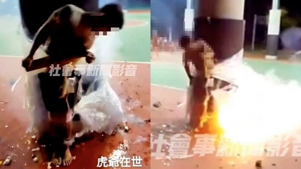 嘉義有學生慶生竟將人綁在柱子上丟鞭炮。(圖/翻攝自社會事新聞影音) 嘉義有學生慶生竟將人綁在柱子上丟鞭炮。(圖/翻攝自社會事新聞影音)