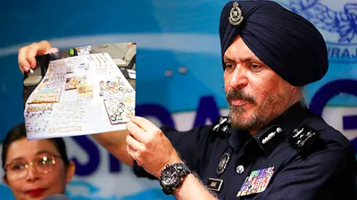 2018年6月27日,馬國全國警察總部商業罪案調查部總監阿瑪星召開記者會,出示從前總理納吉家中搜出的珠寶相片。(AP)