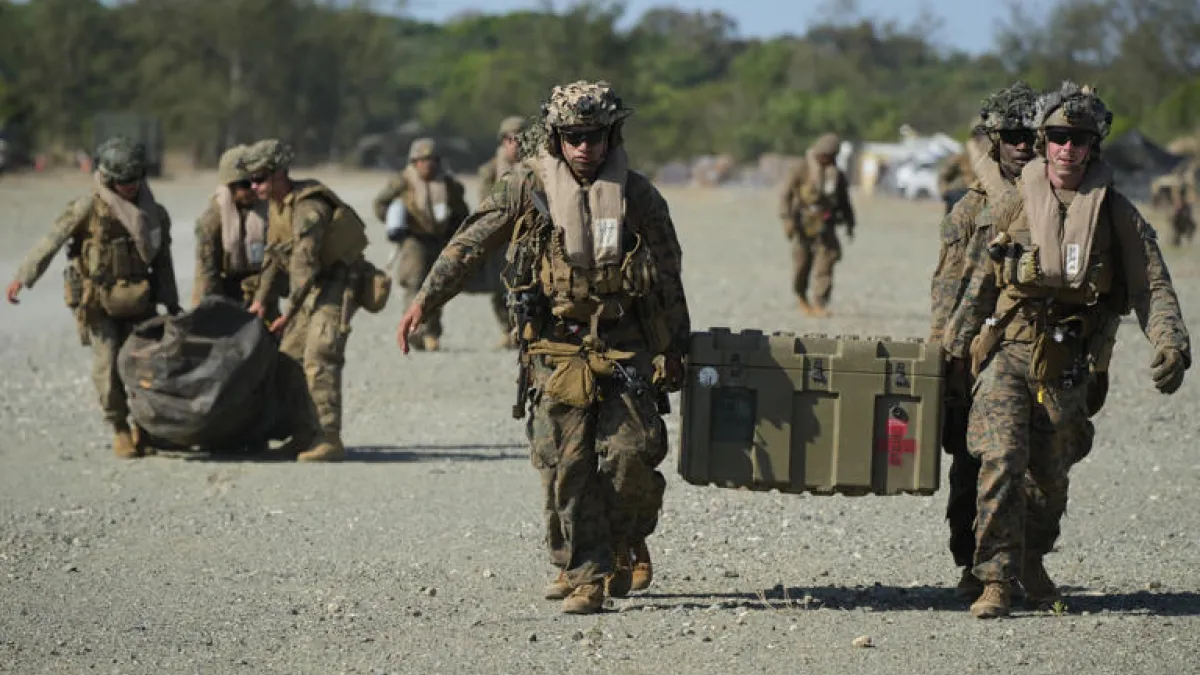 U.S. Marines move equipment at Laoag Airport in Ilocos Norte during the 'Balikatan' joint military exercises held in northern Philippines on May 6, 2024. (AP)