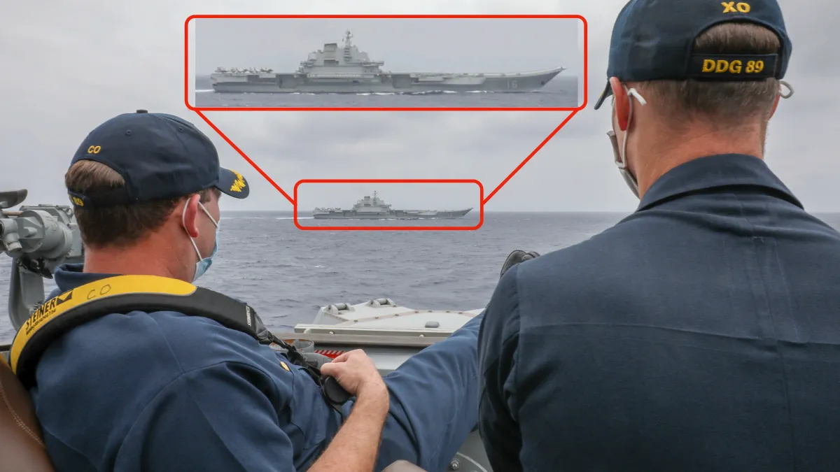 美國海軍日前發佈的照片顯示,美軍的馬斯廷驅逐艦4日在台灣東面海域近距離跟監中國人民解放軍的遼寧艦,馬斯廷號的艦長甚至翹著腳遠眺共軍航母。(美國海軍官網,風傳媒將遼寧號格放後製)