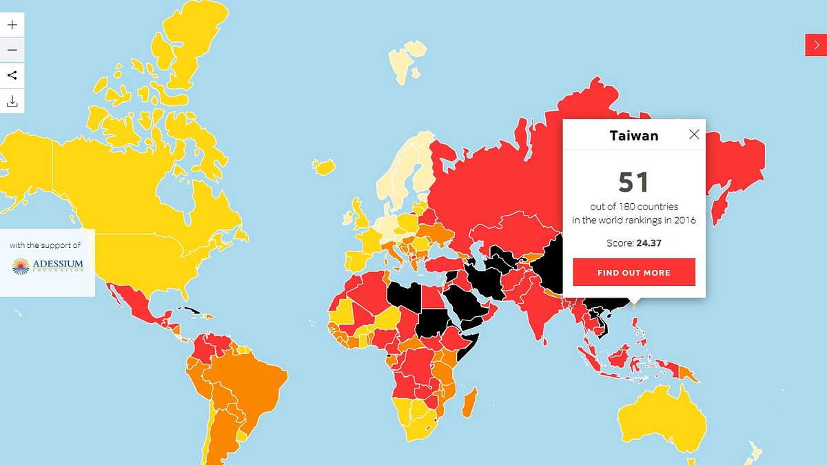 無國界記者組織(RSF)「2016年新聞自由指數」,台灣排名第51。(RSF) 無國界記者組織(RSF)「2016年新聞自由指數」,台灣排名第51。(RSF)