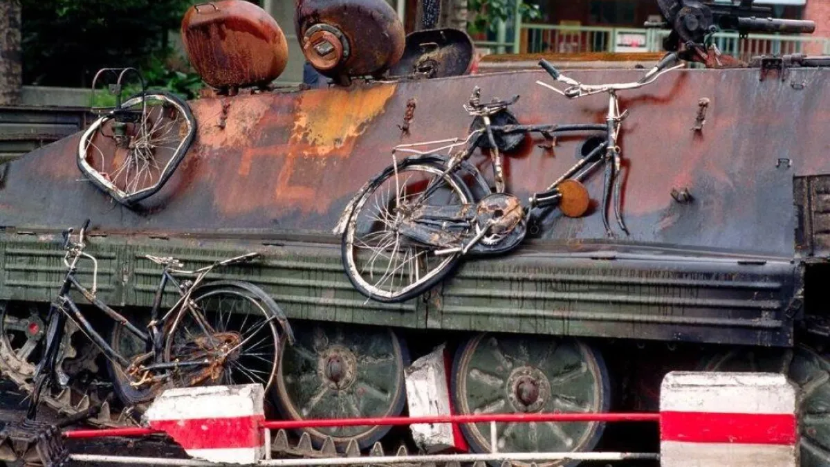 After the Chinese Communist Party's bloody crackdown on protesters at Tiananmen Square, crushed bicycles were scattered across the streets of Beijing. (X_李老師不是你老師)