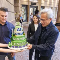 Greenpeace East Asia activists present NVIDIA CEO Jensen Huang with a model cake reading "AI Needs Renewable Energy" outside the Mandarin Oriental hotel in Taipei, May 28, 2026. (Photo: Greenpeace) Greenpeace East Asia activists present NVIDIA CEO Jensen Huang with a model cake reading "AI Needs Renewable Energy" outside the Mandarin Oriental hotel in Taipei, May 28, 2026. (Photo: Greenpeace)