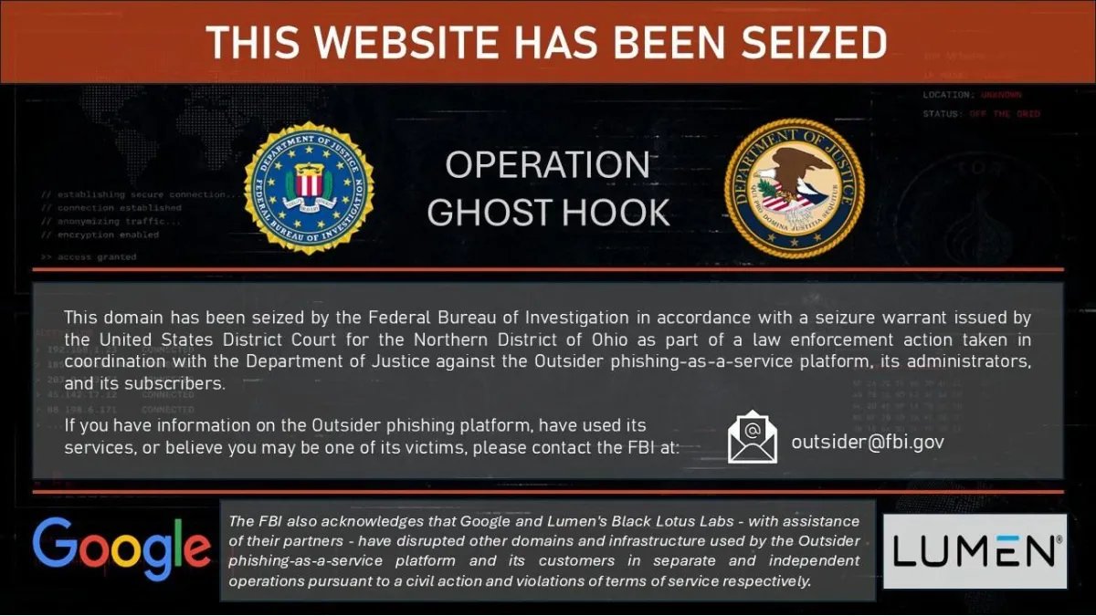 The FBI's domain seizure notice for Operation Ghost Hook, taken down in coordination with Google and Lumen Technologies. (FBI)