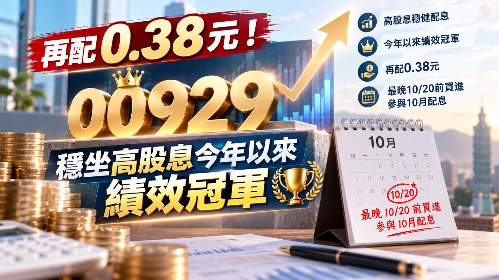 再配0.38元!00929穩坐高股息今年以來績效冠軍 最晚10/20前買進 參與10月配息