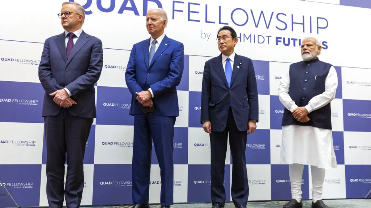 2022年5月24日,四方安全對話的成員國領導人:艾班尼斯、拜登、岸田文雄、莫迪(由左至右)。(美聯社)