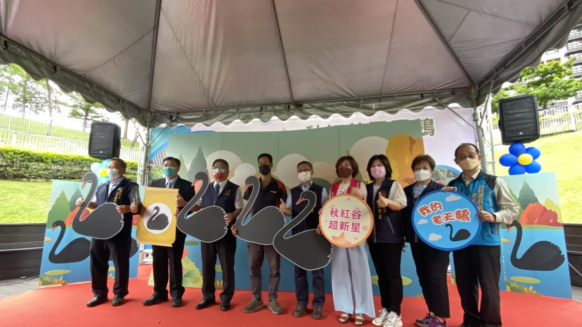 台中市府建設局攜手農業局、大里區農會打造黑天鵝觀賞聖地,15日由建設局長陳大田及農業局長蔡精強共同主持黑天鵝捐贈儀式。(圖/記者王秀禾攝)