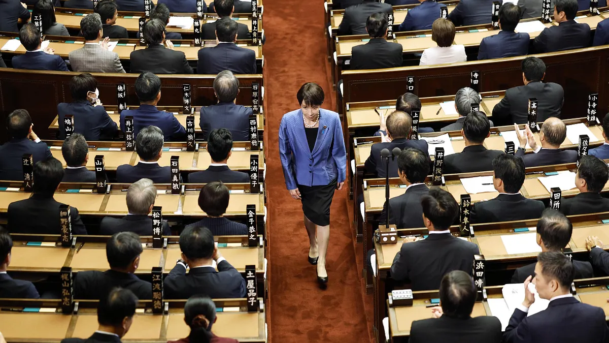 2025年10月21日,日本眾議院召開臨時會議,選出執政黨自民黨黨魁高市早苗擔任首相。(美聯社)