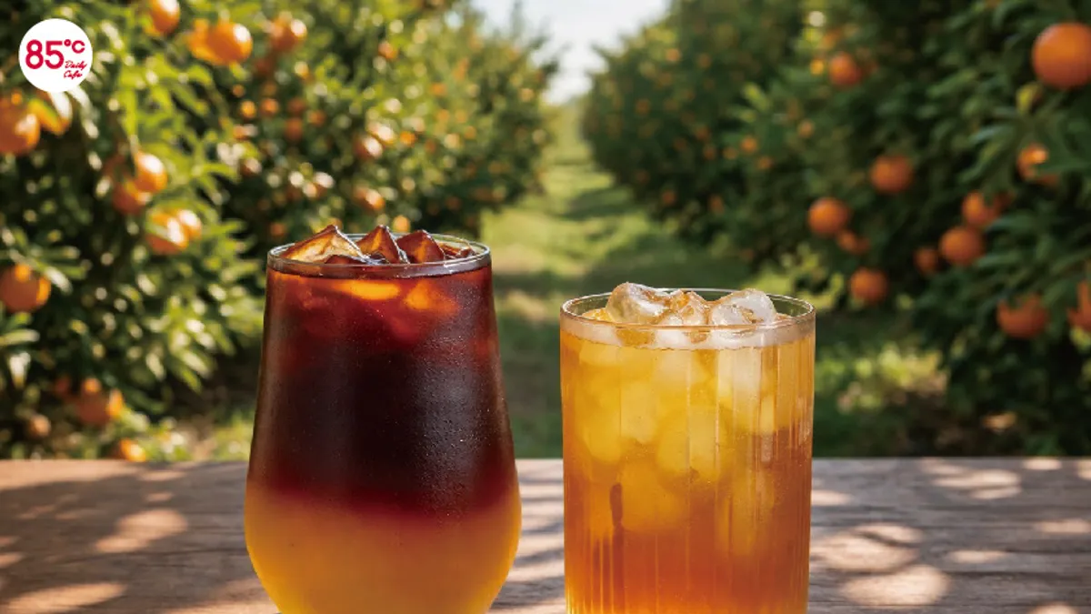 85℃推出「苦盡柑來」系列新品椪柑冰美式與椪柑翡翠,主打台灣在地椪柑原汁,結合茶與咖啡打造清爽風味,同步為115年全國身心障礙國民運動會應援。(圖/85℃提供)