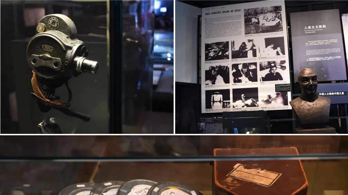 馬吉所使用的16毫米攝影機和四盒總長17分鐘的膠卷,右上角是1938年5月16日《生活》雜誌的版面,取材自2022年12月12日《新華網》。 馬吉所使用的16毫米攝影機和四盒總長17分鐘的膠卷,右上角是1938年5月16日《生活》雜誌的版面,取材自2022年12月12日《新華網》。