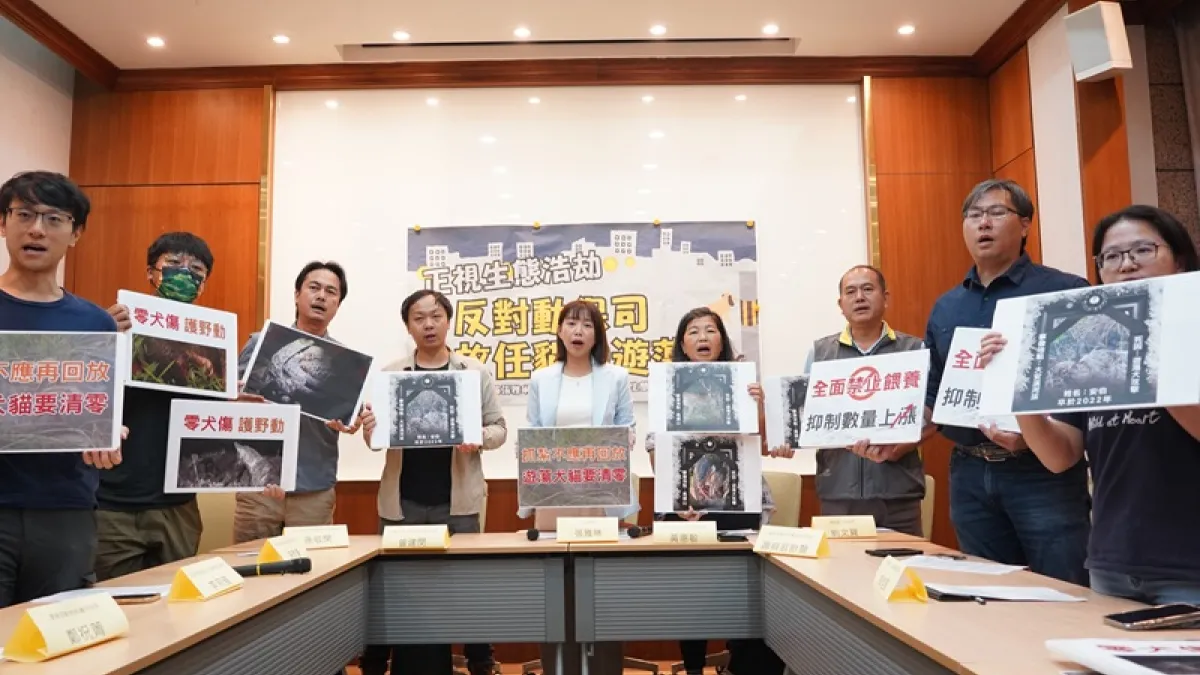馬頭山梅花鹿遭遊蕩犬攻擊死亡,動保團體舉行記者會,要求農業部禁止在生態熱點餵食、回置,減少遊蕩犬攻擊野生動物。(圖/蠻野心足協會提供)