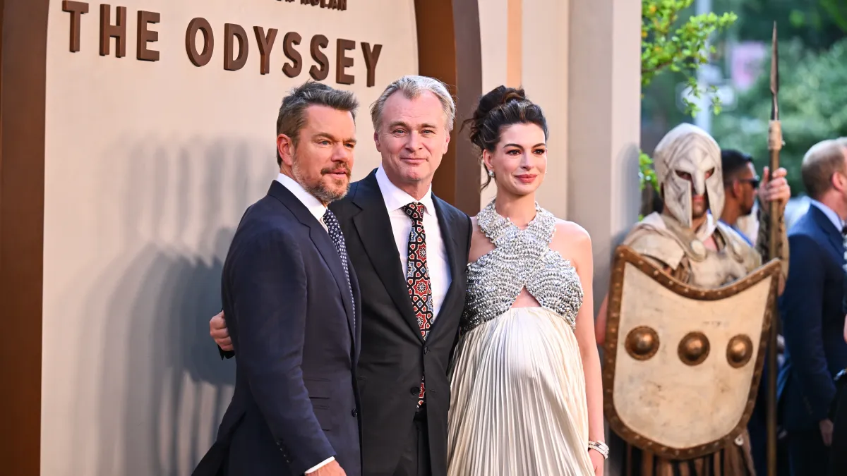 Matt Damon, from left, director Christopher Nolan, and Anne Hathaway attend the premiere of "The Odyssey" at AMC Lincoln Square on Tuesday, July 14, 2026, in New York. (AP)