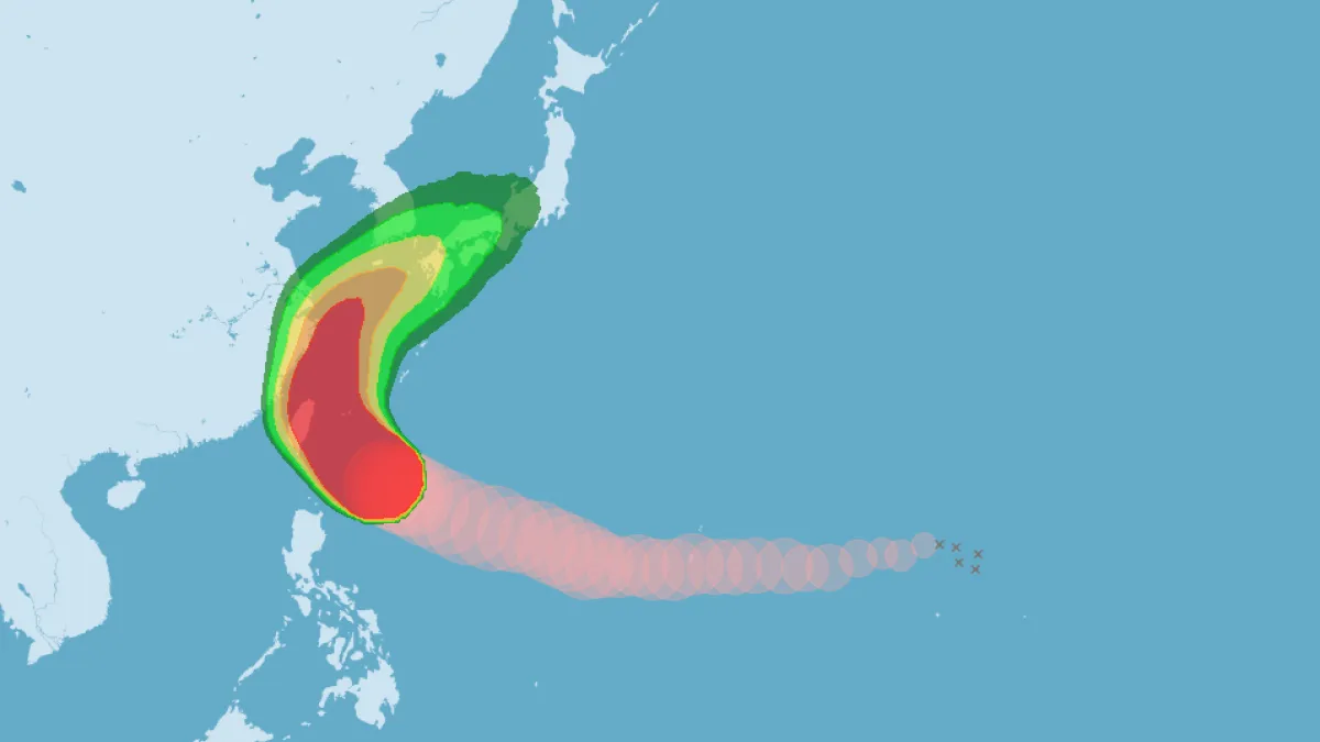 薔琵颱風120小時暴風圈侵襲機率圖,基隆市、新北市、台北市、桃園市、宜蘭縣及花蓮縣侵襲率均達100%,共有16個縣市與離島地區超過9成。(圖/氣象署提供)