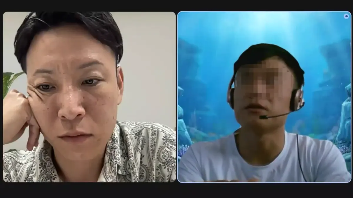 KOWROの原田祐二CEO(左)が、AIを利用していたとみられる応募者とビデオ面接する様子。(Xより)