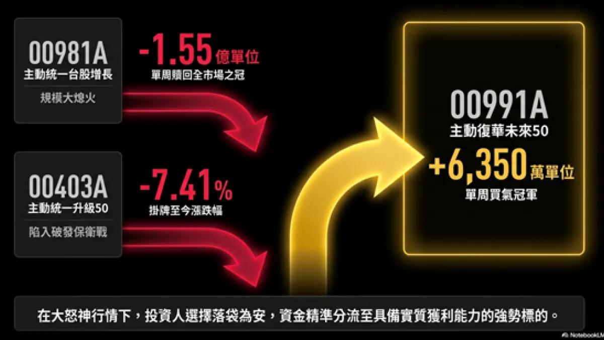 主動式ETF市場版圖洗牌!00981A、00403A近期規模與績效同步承壓,資金轉向00991A,單周吸金逾6.35萬張,成為市場焦點。(圖片產製:NotebookLM)