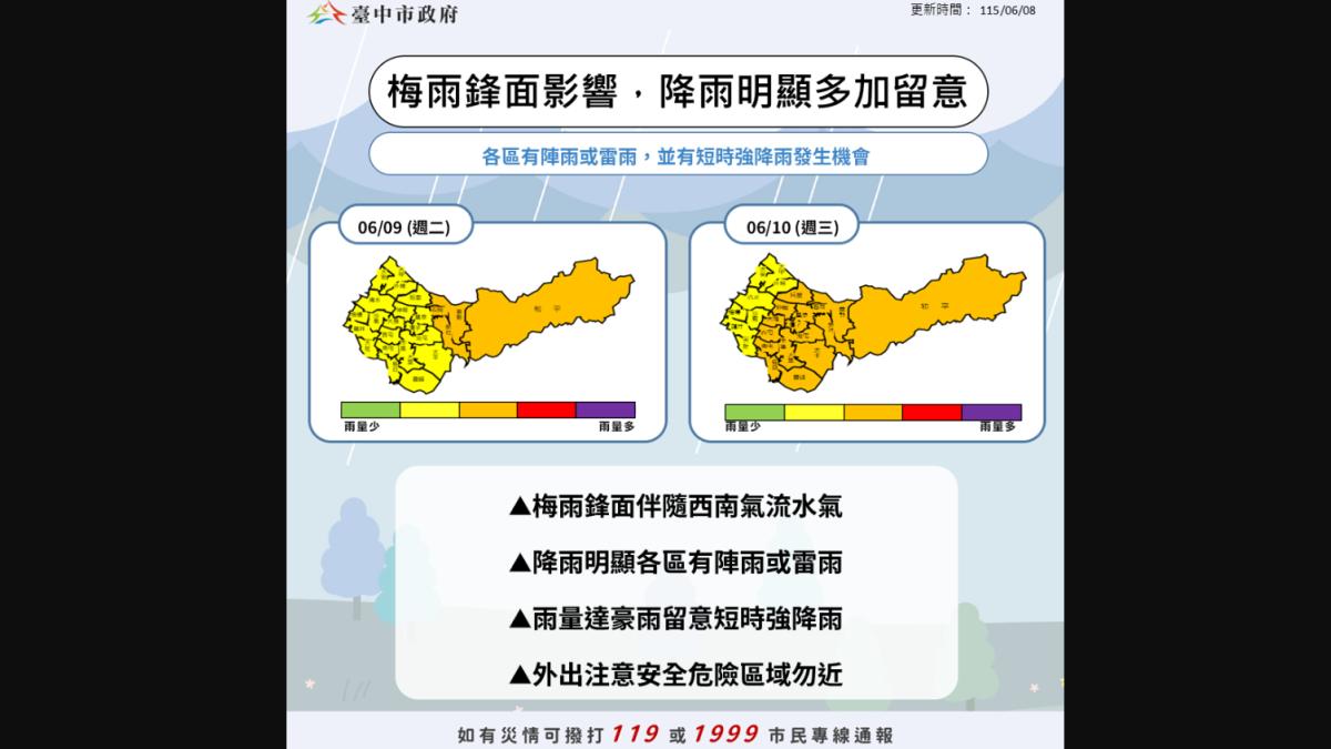 梅雨鋒面及西南氣流影響 中市水利局三級開設嚴防強降雨