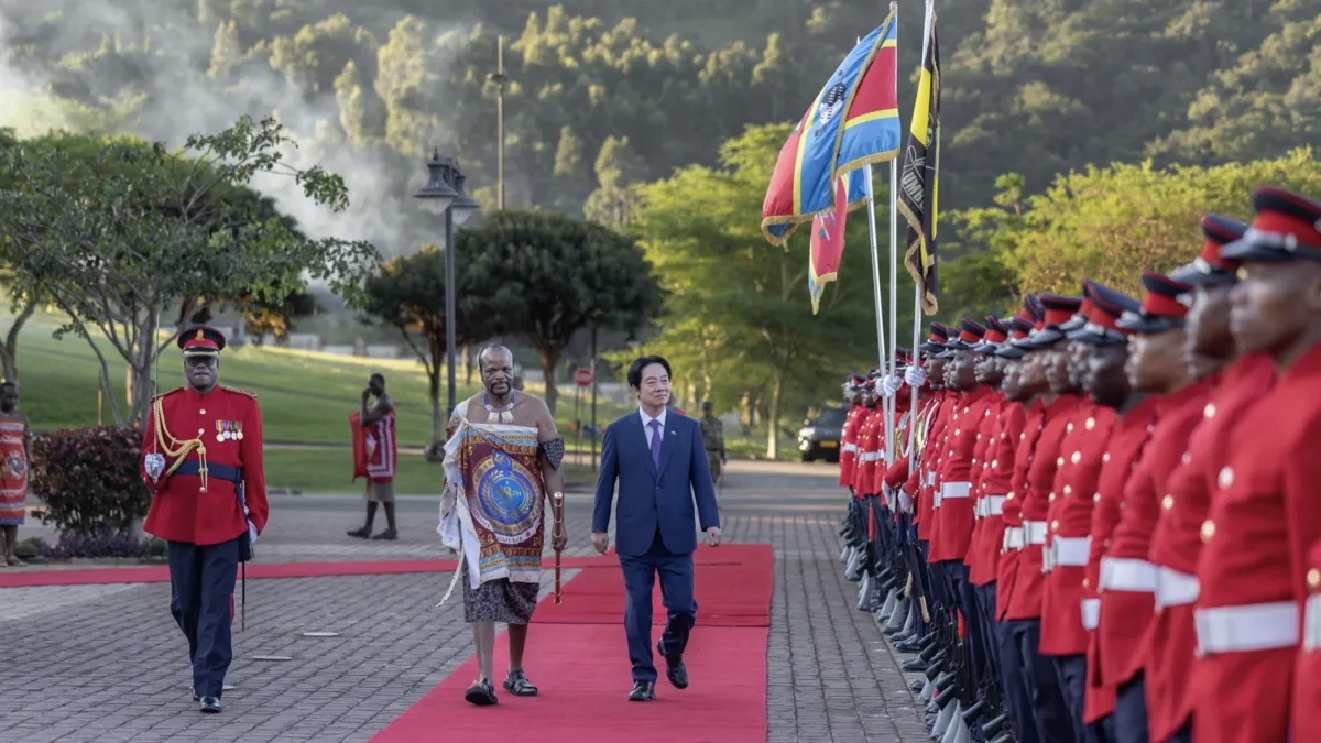 A red carpet welcome Beijing tried to prevent. President Lai Ching-te walks alongside King Mswati III at a formal reception in Eswatini, May 2, 2026. (Photo: @ChingteLai / X)