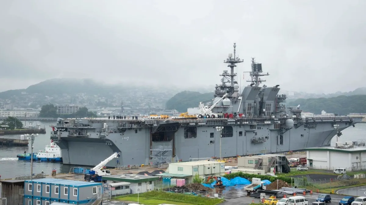 The U.S. Navy amphibious assault ship USS Tripoli, which was stationed at Sasebo Naval Base in Japan last June, serving as a key forward-deployed amphibious force in the Asia-Pacific region. (U.S. Department of Defense)