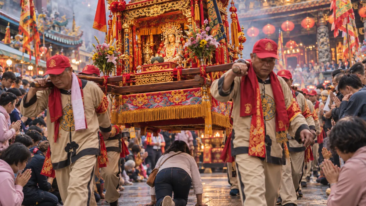 每逢媽祖遶境、進香活動,沿途總能看到一個特別的畫面:大批信眾排隊趴在馬路上,低頭等待媽祖神轎從自己身上跨過。(示意圖/AI生成)