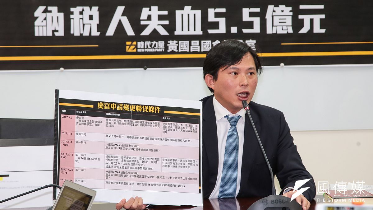 時代力量立委黃國昌7日召開「金管會違法幫慶富喬,納稅人失血5.5億元」記者會。(顏麟宇攝) 時代力量立委黃國昌7日召開「金管會違法幫慶富喬,納稅人失血5.5億元」記者會。(顏麟宇攝)