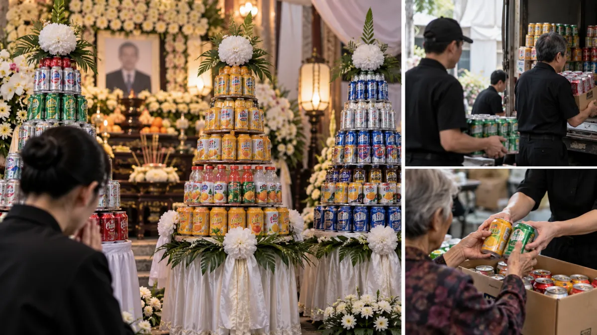 台灣傳統喪禮現場,除了花籃、輓聯之外,經常還能看到一座座由飲料、食品罐頭堆成的「罐頭塔」,有些甚至比人還高。(示意圖/AI生成)