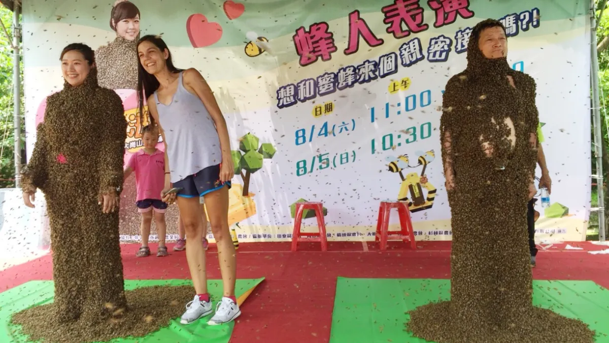 蜂農王信和及女兒聯手表演「蜂人秀」。(圖/高雄市政府農業局提供)